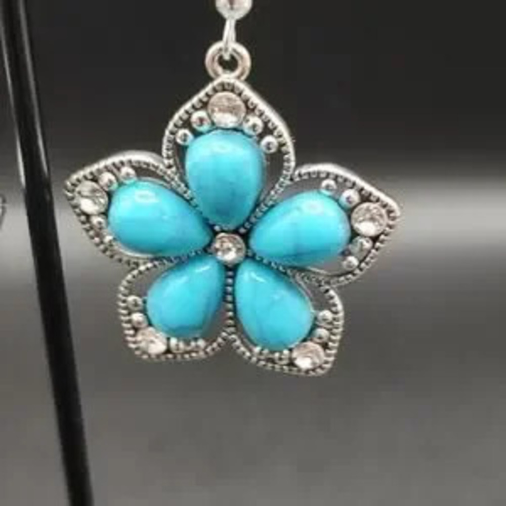 925 Silver Hooked Earrings W/ Turquoise Flower CZ Diamonds Valentine's Day Gift